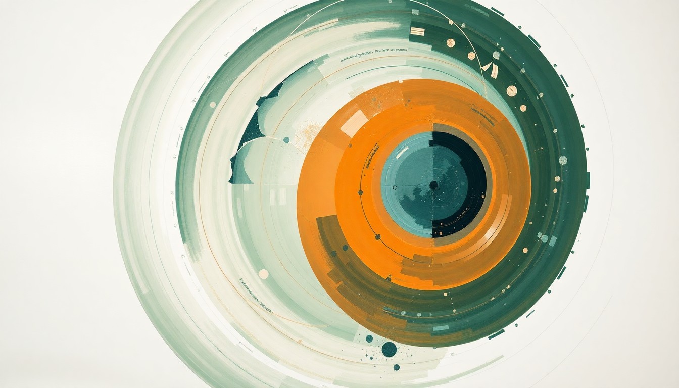 A bold, abstract painting in soft earth tones of green, blue, and orange, featuring sweeping geometric arcs, concentric planetary circles, and precise botanical spirals, conceptually representing the ambitious scope and structural order of NASA's new Artemis program for lunar exploration.