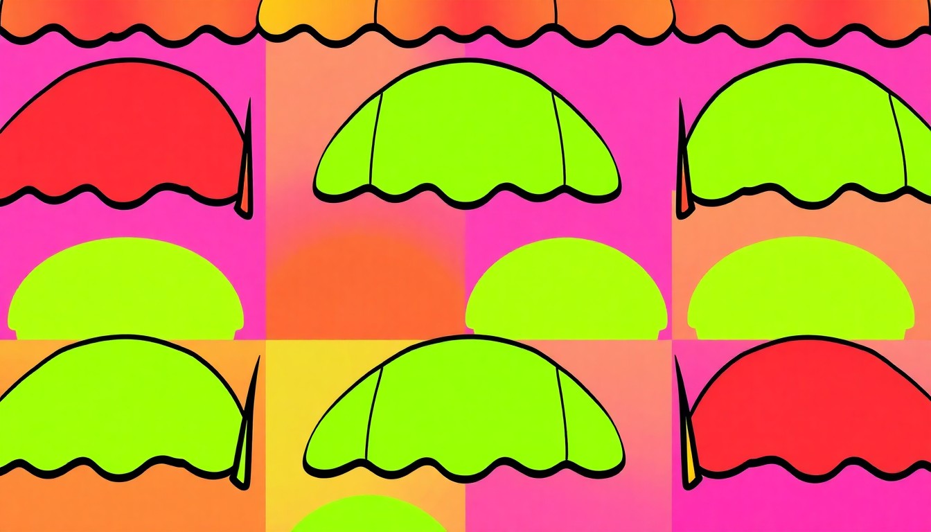 A highly stylized, abstract illustration composed of repeating geometric shapes and bold, neon-bright colors, conceptually representing the vibrant and visually striking awning designs found throughout the historic town of Palm Beach.