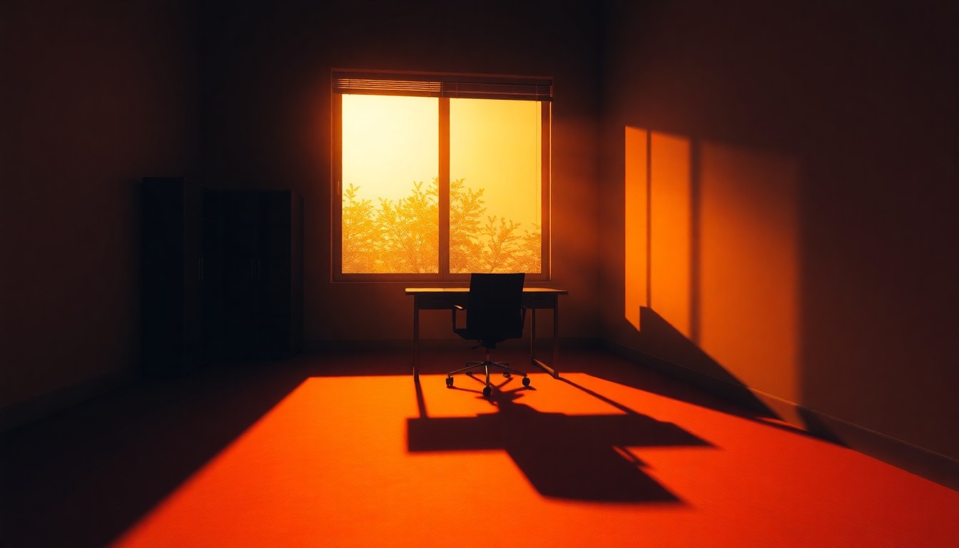 A dimly lit office space with a lone desk and chair, bathed in warm, golden light streaming through a large window, conceptually representing the quiet contemplation of a political legacy.