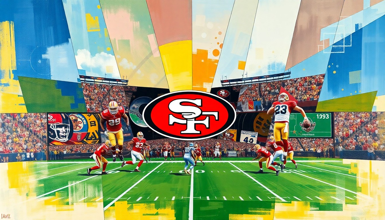 A cubist, geometric painting depicting fragmented, overlapping shapes and planes representing a football game, conveying the concept of managing a star player's heavy workload.