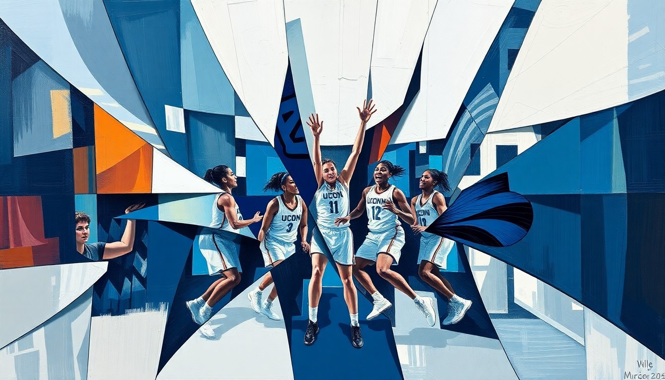 A cubist, geometric painting depicting the action and energy of the UConn women's basketball team's victory over Notre Dame, with sharp, overlapping shapes and planes representing the competitive nature of the game.