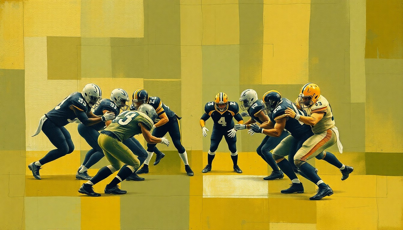 A cubist-style painting depicting a defensive line formation, with players rendered as fragmented geometric shapes in muted earth tones, conveying the power and complexity of the Cowboys' defensive front.