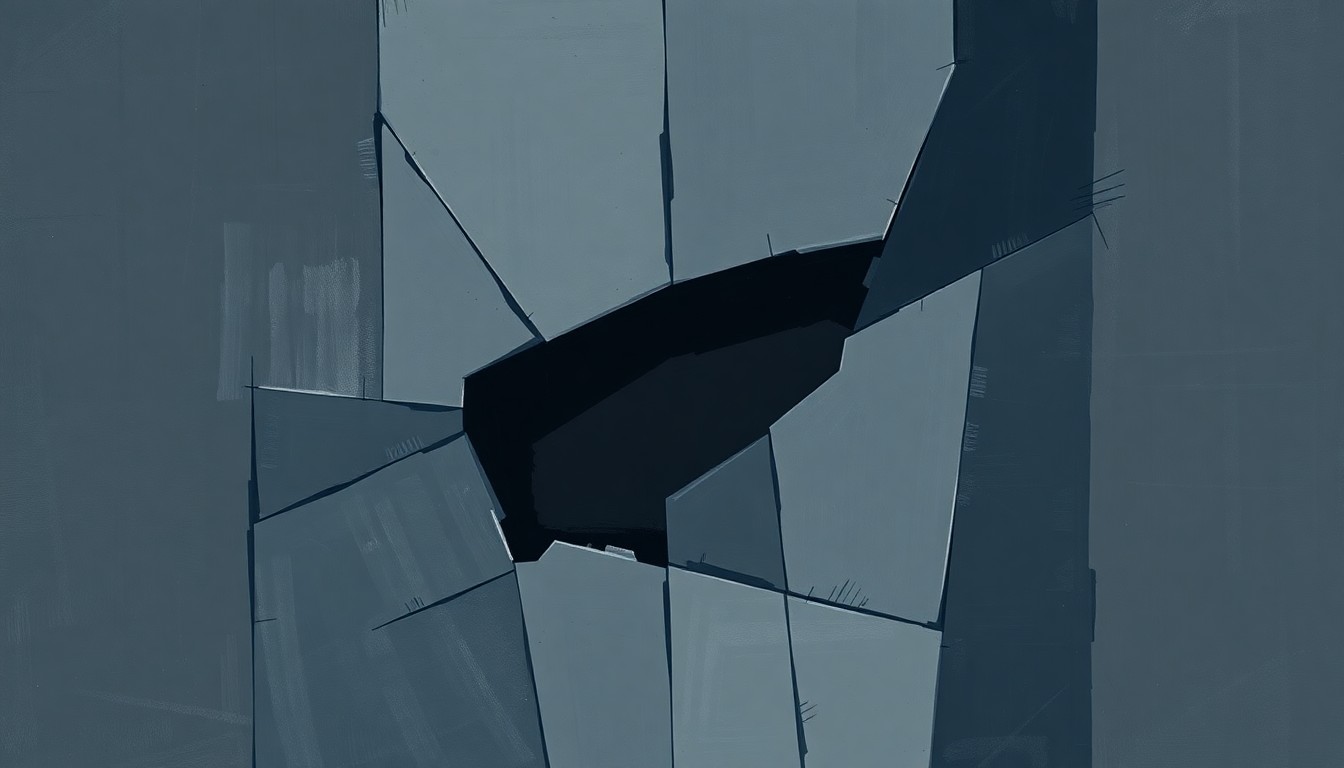 A fractured, abstract painting in shades of gray, navy, and black, depicting an angular, geometric structure in an avant-garde, fragmented style, conceptually representing the hidden, clandestine nature of a secret government construction project.