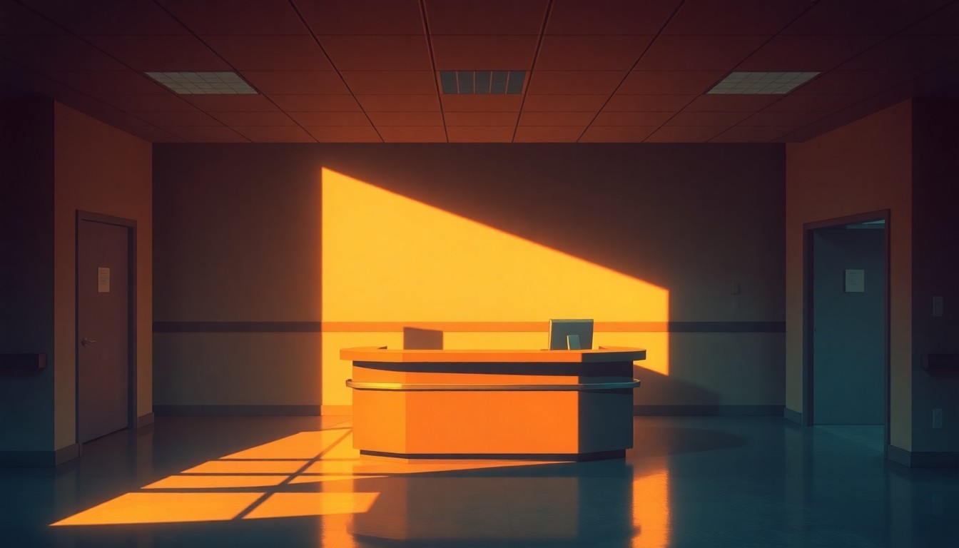 A serene, photorealistic painting of an empty hospital reception desk with a warm, cinematic lighting, conveying a sense of quiet contemplation about the legal challenges in employment discrimination cases.