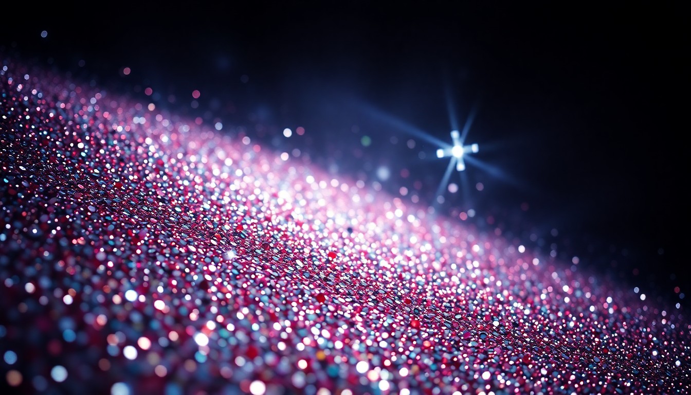 An extreme close-up photograph of shimmering, glittering sequins in a high-contrast, dramatic studio lighting setup, conceptually representing the glamour and high-fashion aesthetic of the entertainment industry.