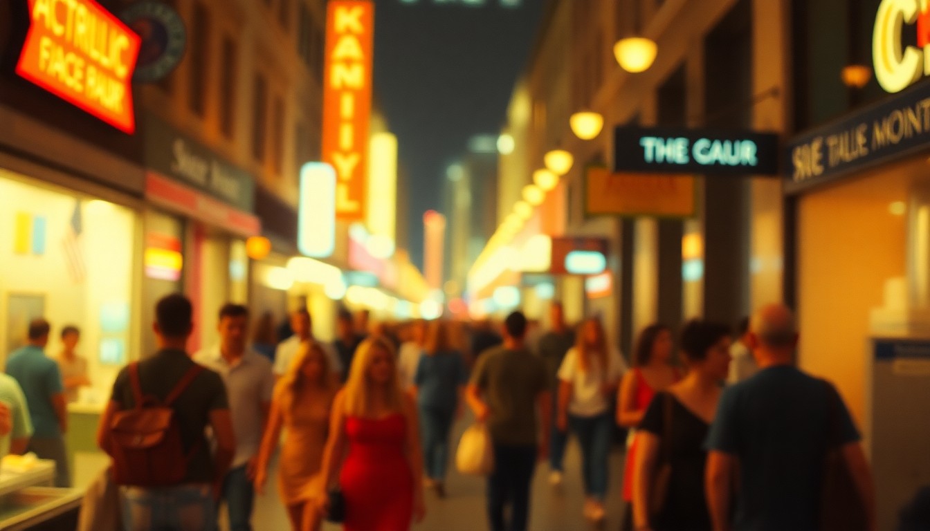 An abstract, out-of-focus photograph depicting an urban lifestyle scene with warm, colorful pools of light, conveying a dreamlike, atmospheric mood.