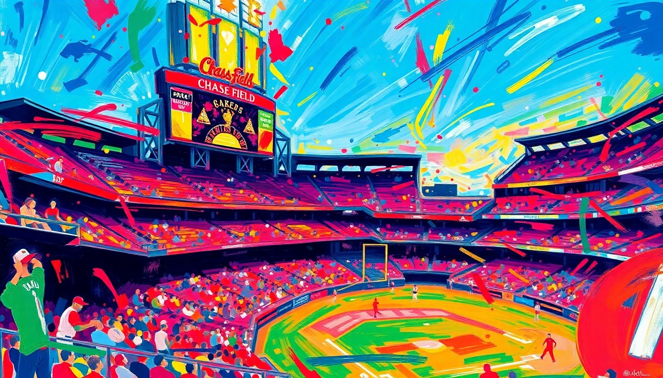 An abstract, textured painting in bright neon colors, capturing the dynamic atmosphere and raw energy of a baseball game at Chase Field.