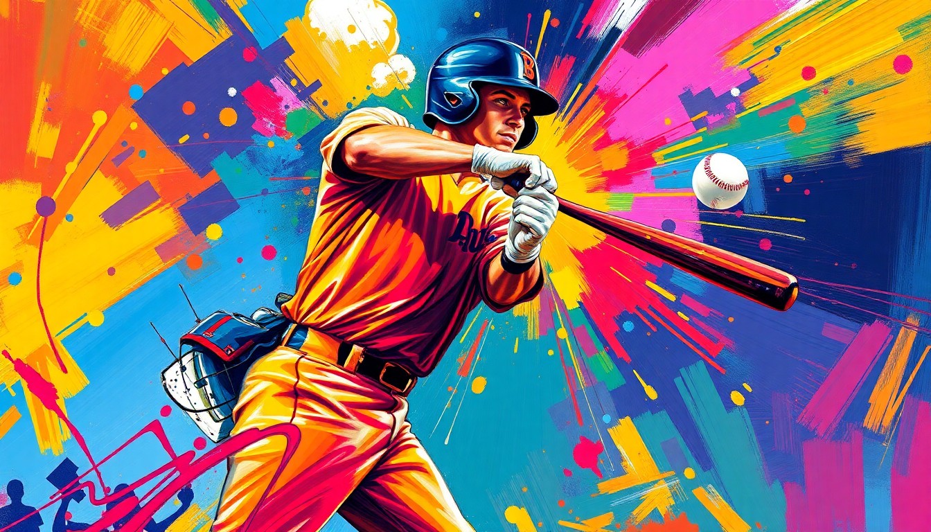 An abstract, energetic painting featuring bold brushstrokes of neon orange, yellow, and blue, capturing the dynamic motion of a baseball player swinging a bat and making contact with the ball.