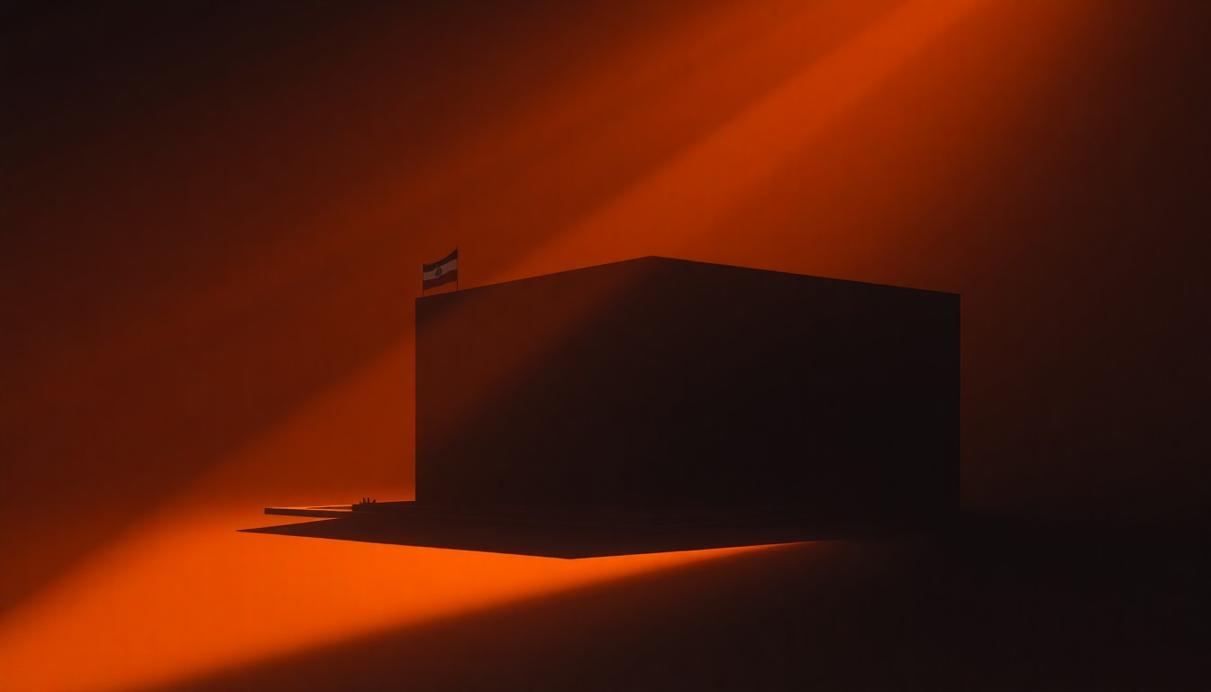 A serene, cinematic painting depicting an Iranian government building or infrastructure object in warm, golden light and deep shadows, conveying a sense of political uncertainty and unease.