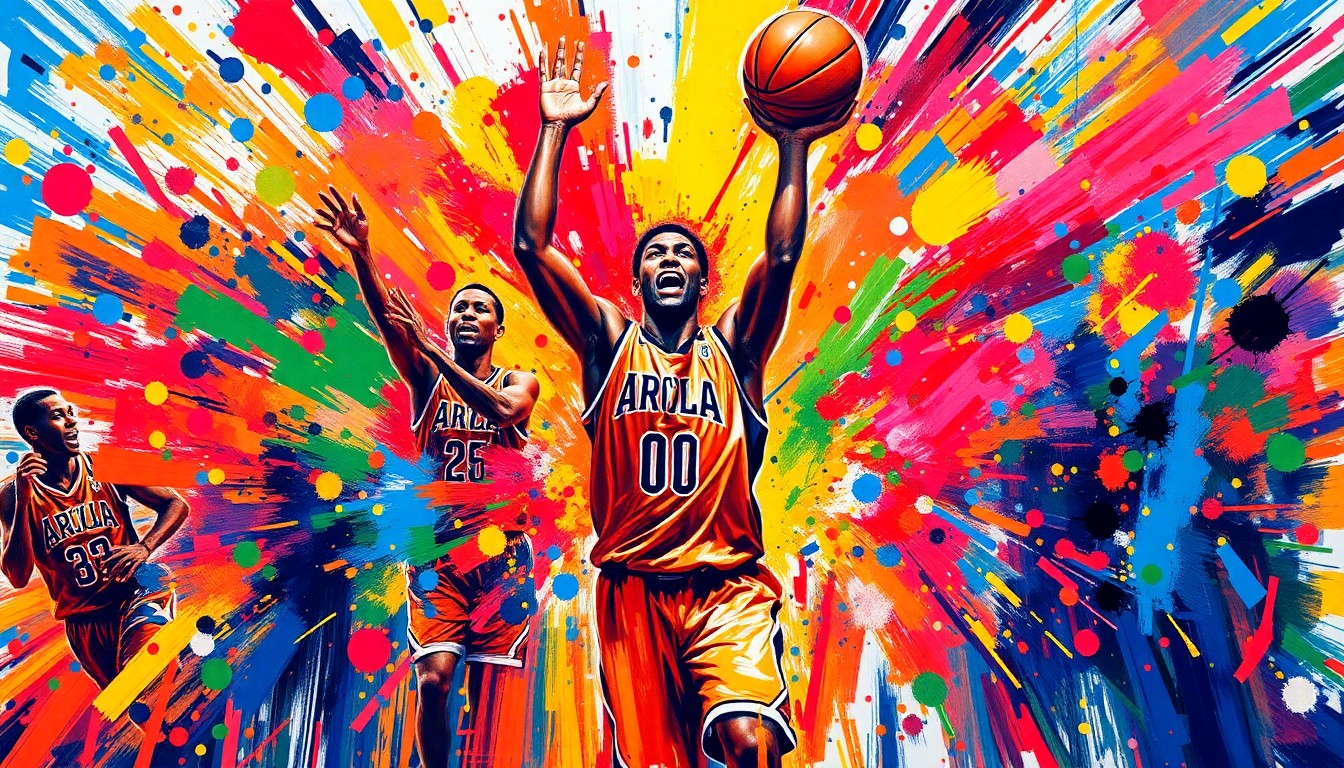 An abstract, expressionist painting featuring bold, energetic brushstrokes in neon shades of blue, orange, and purple, capturing the dynamic movement and excitement of a basketball game.
