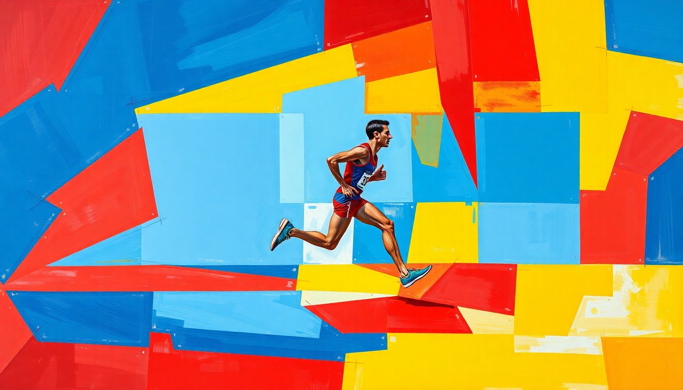 A fragmented, geometric painting depicting the motion of a marathon runner in a cubist style, using bold primary colors to convey the disruption caused by doping violations in the sport.
