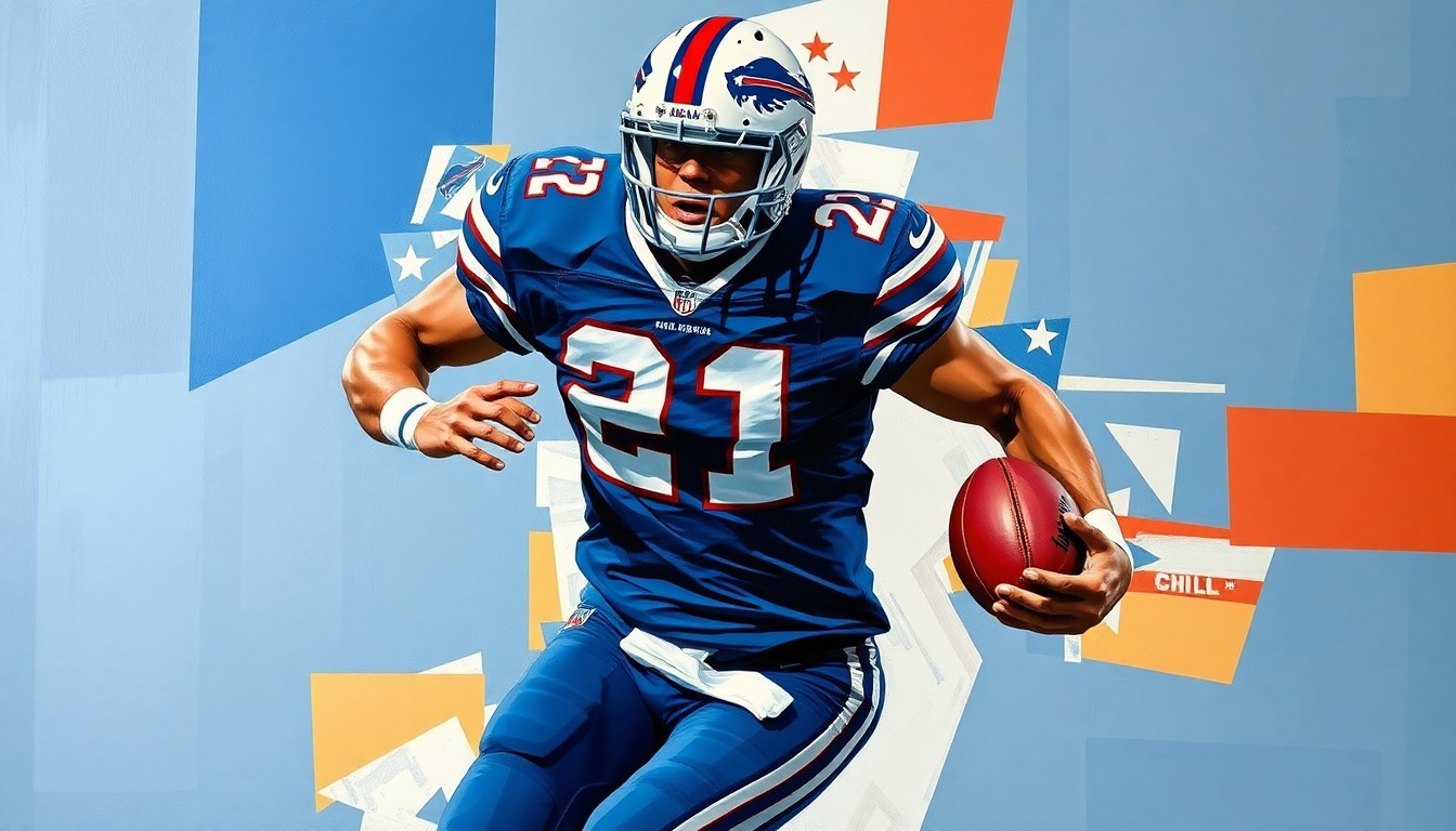 A cubist, geometric painting depicting a Buffalo Bills football player in mid-motion, with their jersey colors of navy blue, red, and white visible through the fragmented, overlapping shapes.