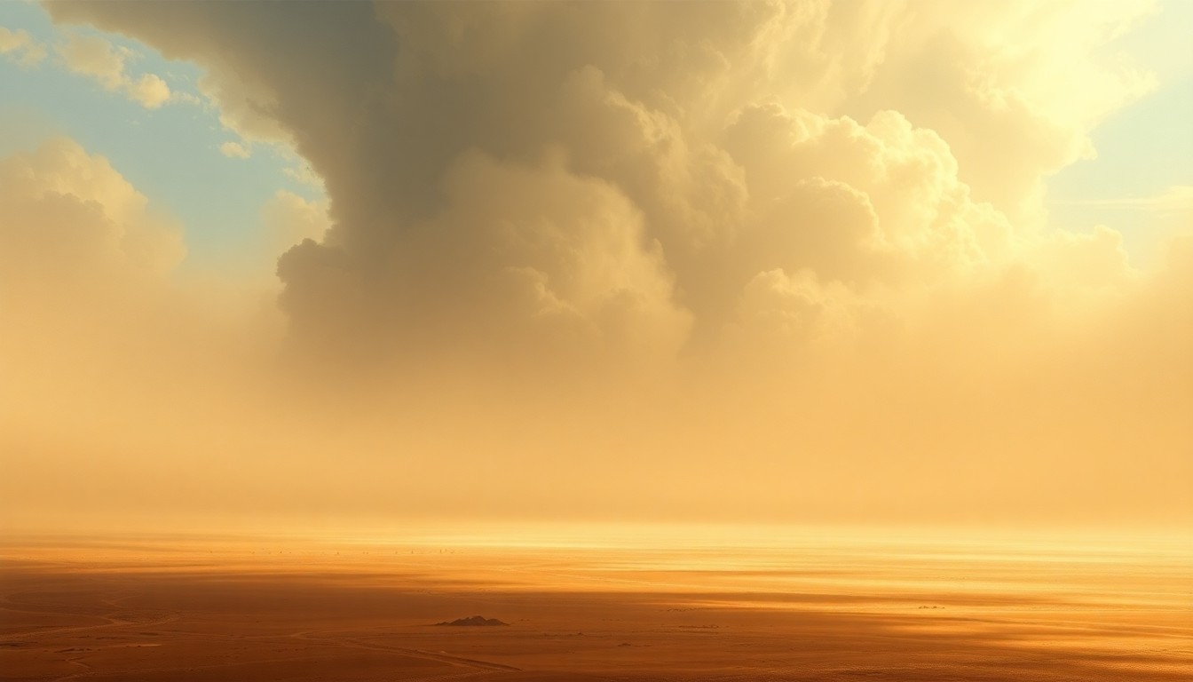 A vast, atmospheric landscape painting in muted earth tones, with a massive, swirling dust storm dominating the scene and obscuring the horizon, conveying the overwhelming power of nature.
