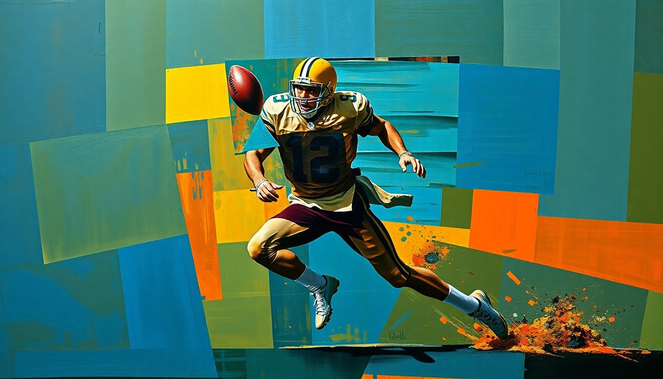 A fractured, geometric painting depicting a football player in motion, their body broken down into sharp, overlapping planes of color, conceptually representing the complex factors involved in a veteran player's potential comeback.