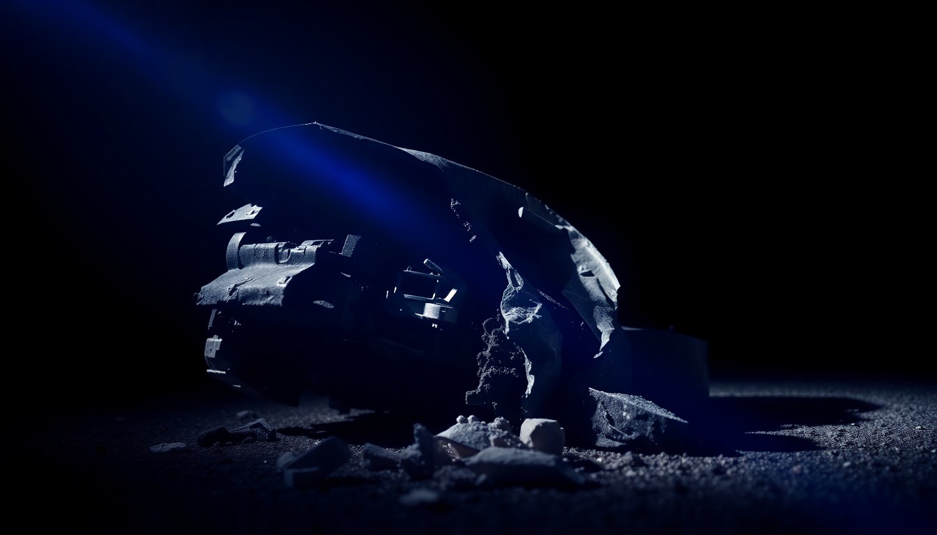 An extreme close-up photograph of a twisted, damaged car part or piece of debris from the crash site, lit by a harsh, direct camera flash against a pitch-black background, conceptually illustrating the tragic consequences of the incident.