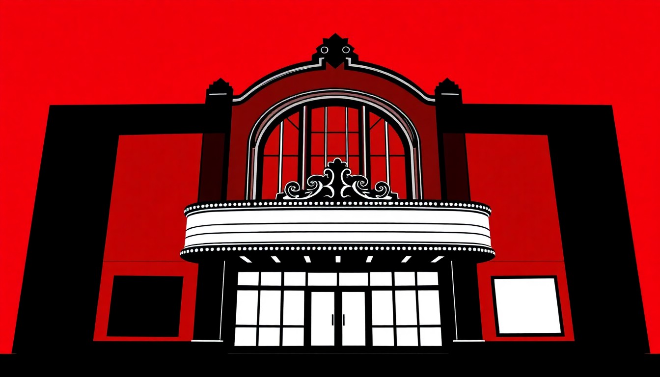 An abstract, minimalist illustration featuring bold, angular black shapes representing the architectural elements of a theater stage and marquee, set against a high-contrast background of deep red and bright white, capturing the celebratory spirit of honoring a community arts patron.