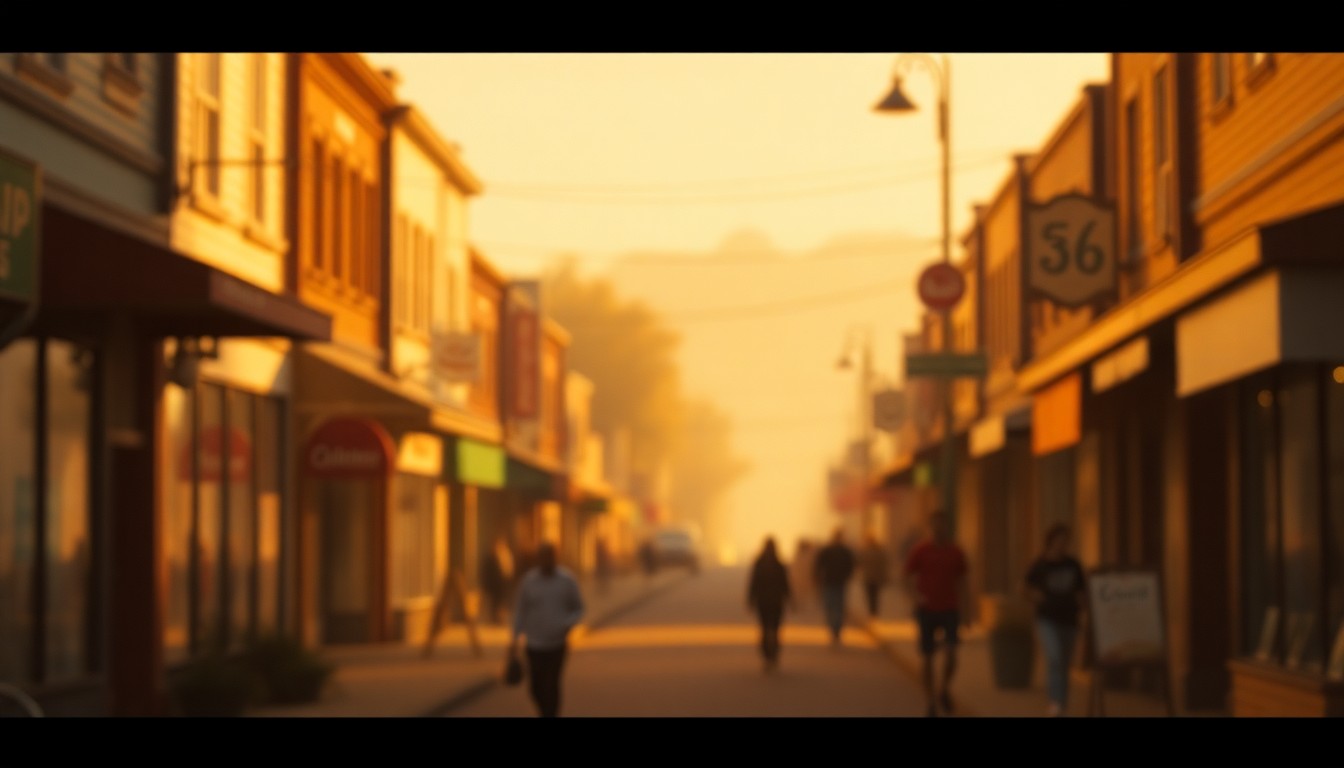 An extremely abstracted, out-of-focus photograph of a small-town main street scene, with soft pools of warm light and blurred figures creating a dreamlike, nostalgic atmosphere.