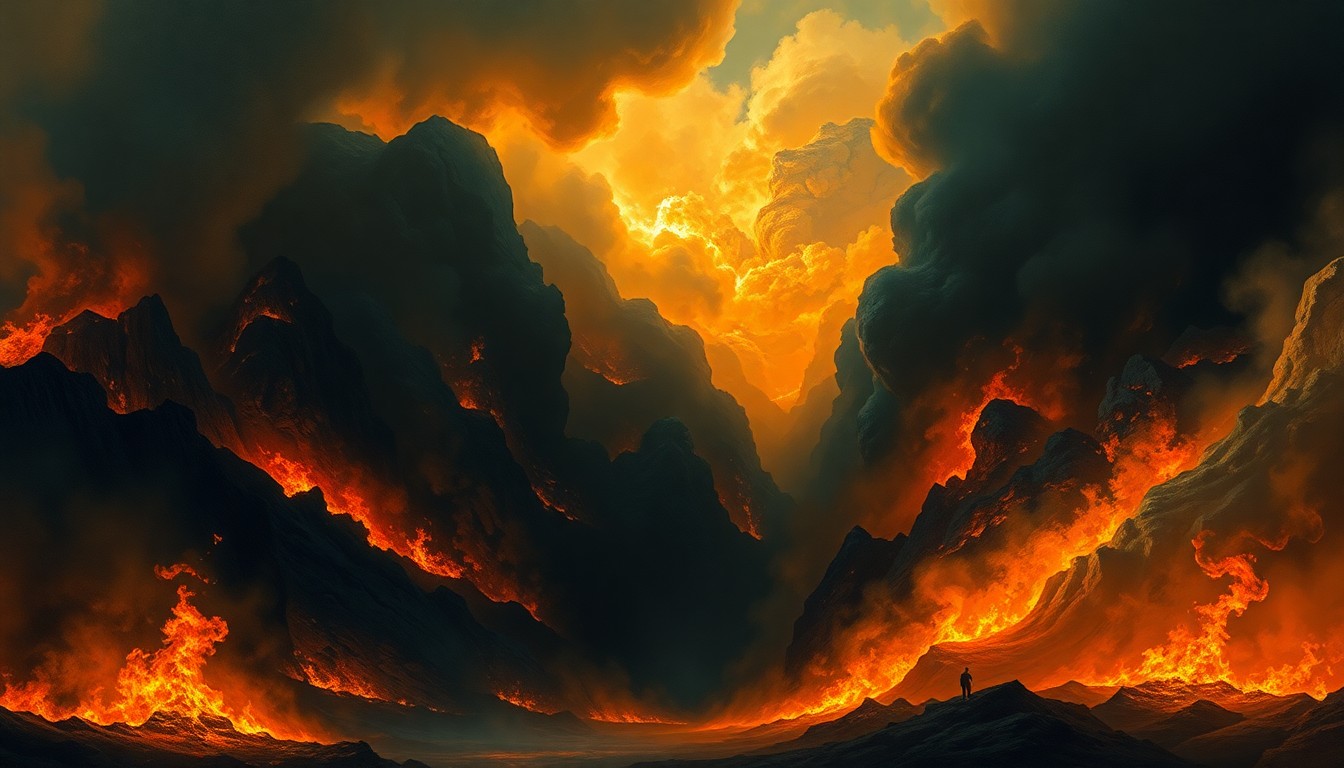 A sweeping oil painting in muted earth tones, with billowing clouds of smoke and bright orange flames consuming a small house in the distance, conveying the sublime scale and power of an uncontrolled fire.