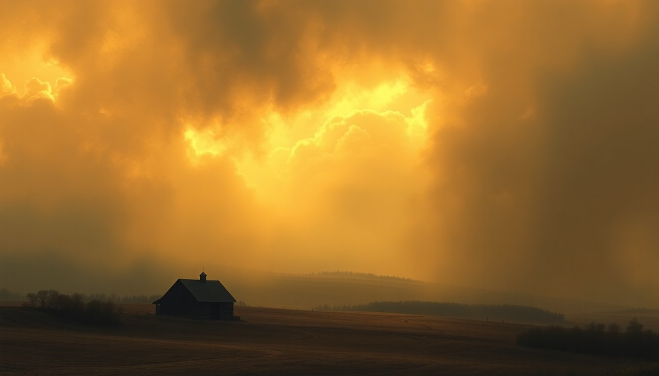 A vast, atmospheric landscape painting with a distant, silhouetted barn partially obscured by thick, swirling smoke and fog, conveying the overwhelming scale of the natural world and the vulnerability of man-made structures.