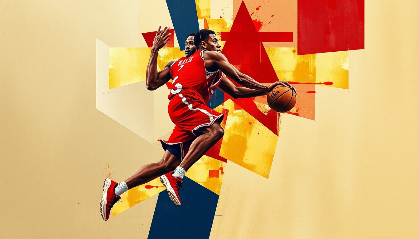 A cubist-style painting depicting a basketball player's movements broken down into sharp, overlapping geometric shapes in shades of red, gold, and navy blue, conveying the dynamic energy and uncertainty of a player's transfer.