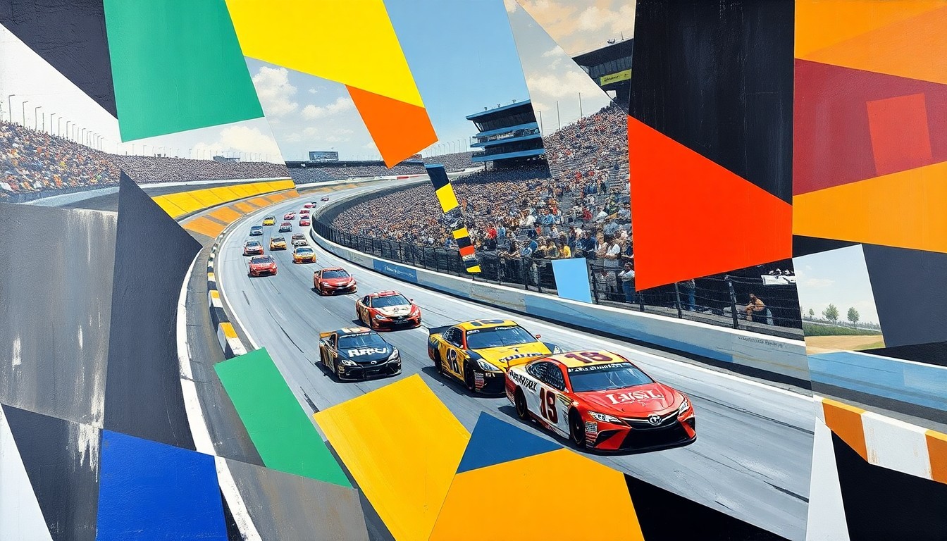 A fractured, cubist-style painting depicting the intense action and competition of a NASCAR race at Martinsville Speedway, with the cars and track broken down into sharp, overlapping geometric shapes and planes of color.