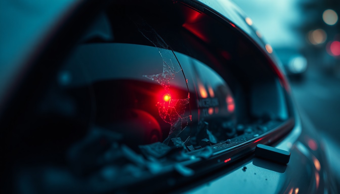 An extreme close-up of a shattered car sensor lens reflecting a faint red light, conceptually representing the aftermath of a street takeover incident.