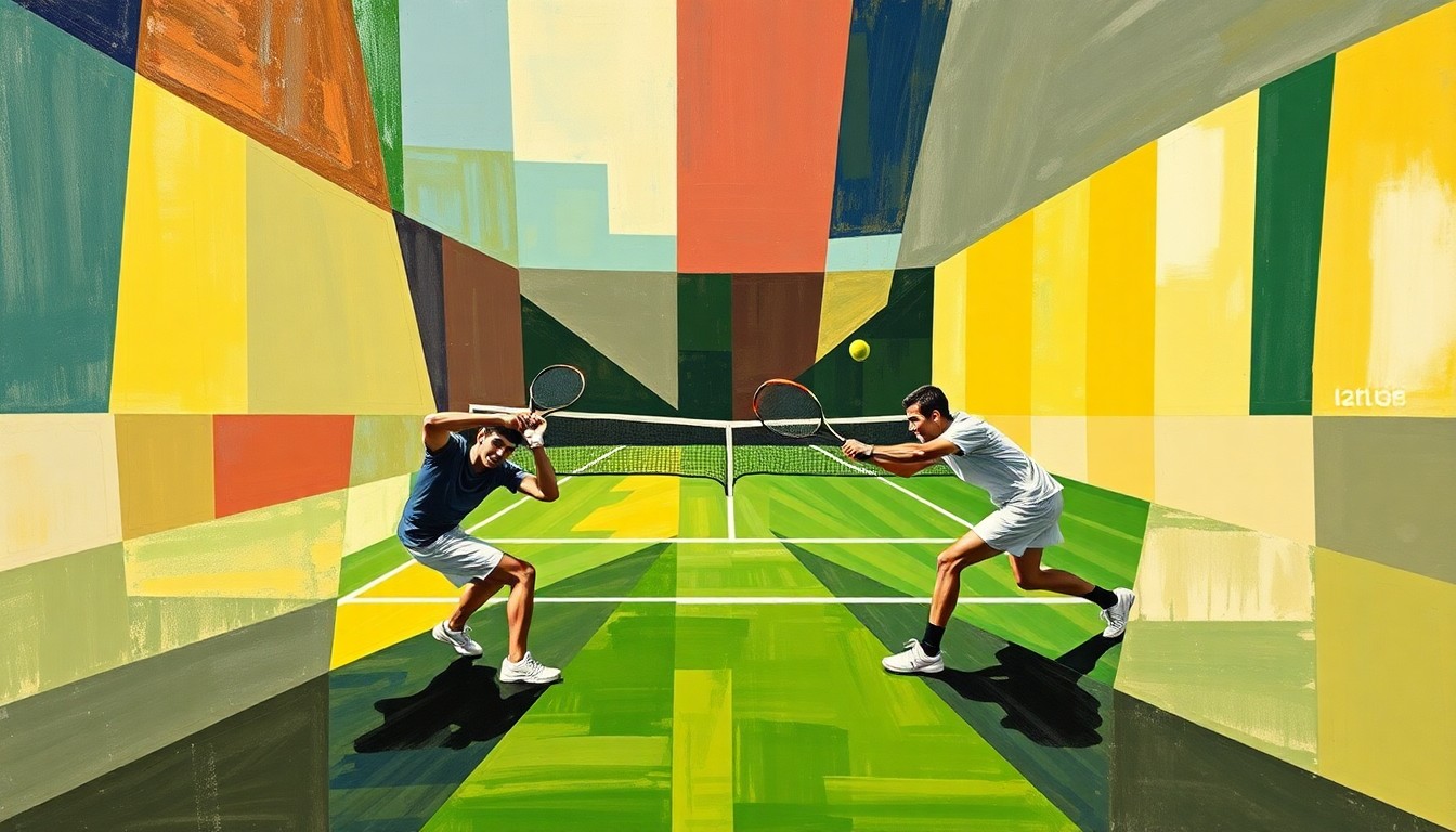 A cubist, geometric painting depicting a tennis match with overlapping, fragmented perspectives of the players and court.