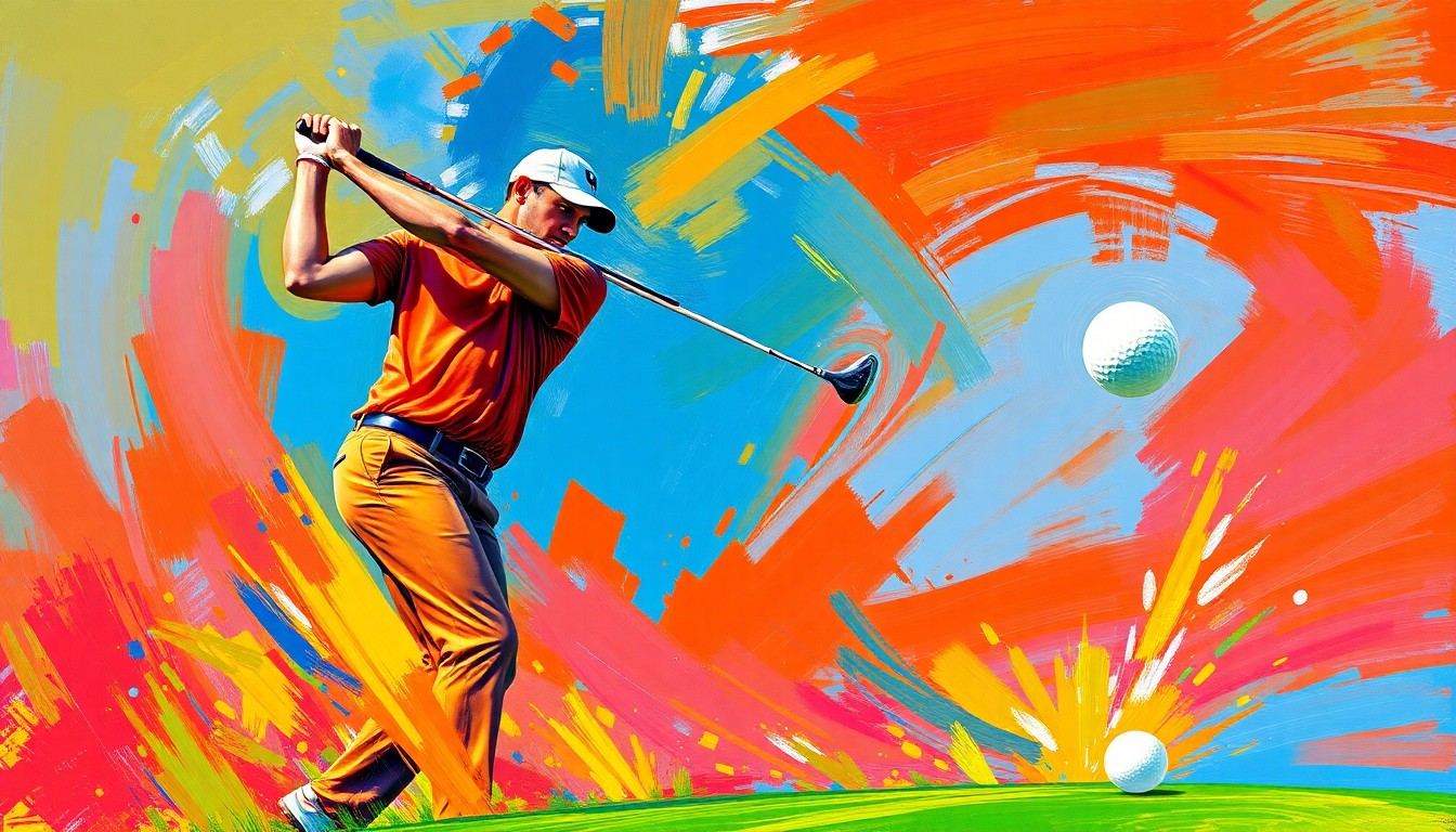 A dynamic, colorful painting depicting the powerful swing and motion of a professional golfer, with the golf ball in mid-flight towards the hole, conveying the excitement and athleticism of the sport.