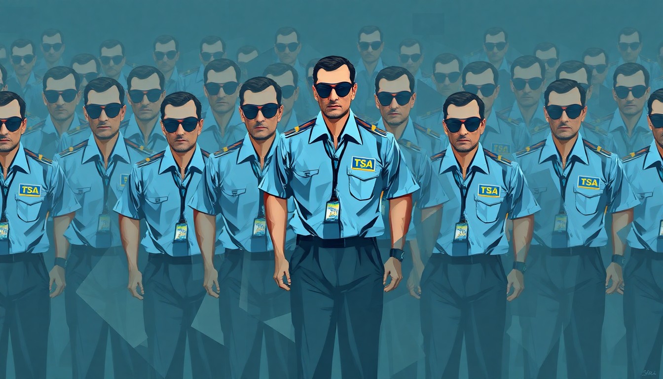 A fractured, abstract painting depicting a TSA agent in uniform, their body repeated in overlapping geometric shapes and waves of muted colors, conveying the chaotic disruption of the airport travel crisis.