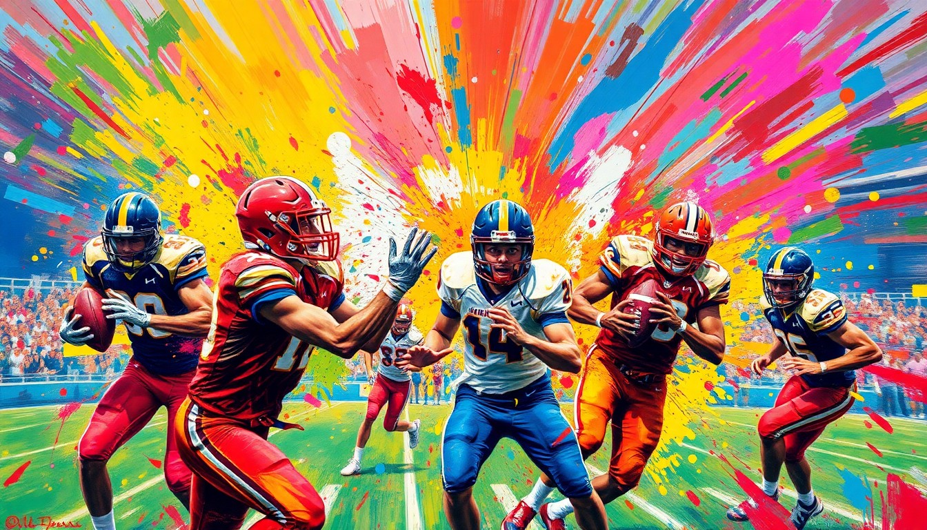 An abstract, expressionist painting in vibrant neon colors capturing the raw energy and movement of a high school football 7v7 tournament, with players' forms dissolving into unrecognizable brushstrokes.