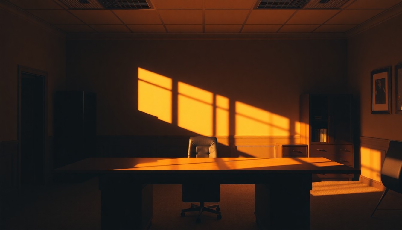 A dimly lit, cinematic painting of an empty government office desk, with warm sunlight streaming in through a window and casting deep shadows across the surface, conveying a sense of political tension and uncertainty.