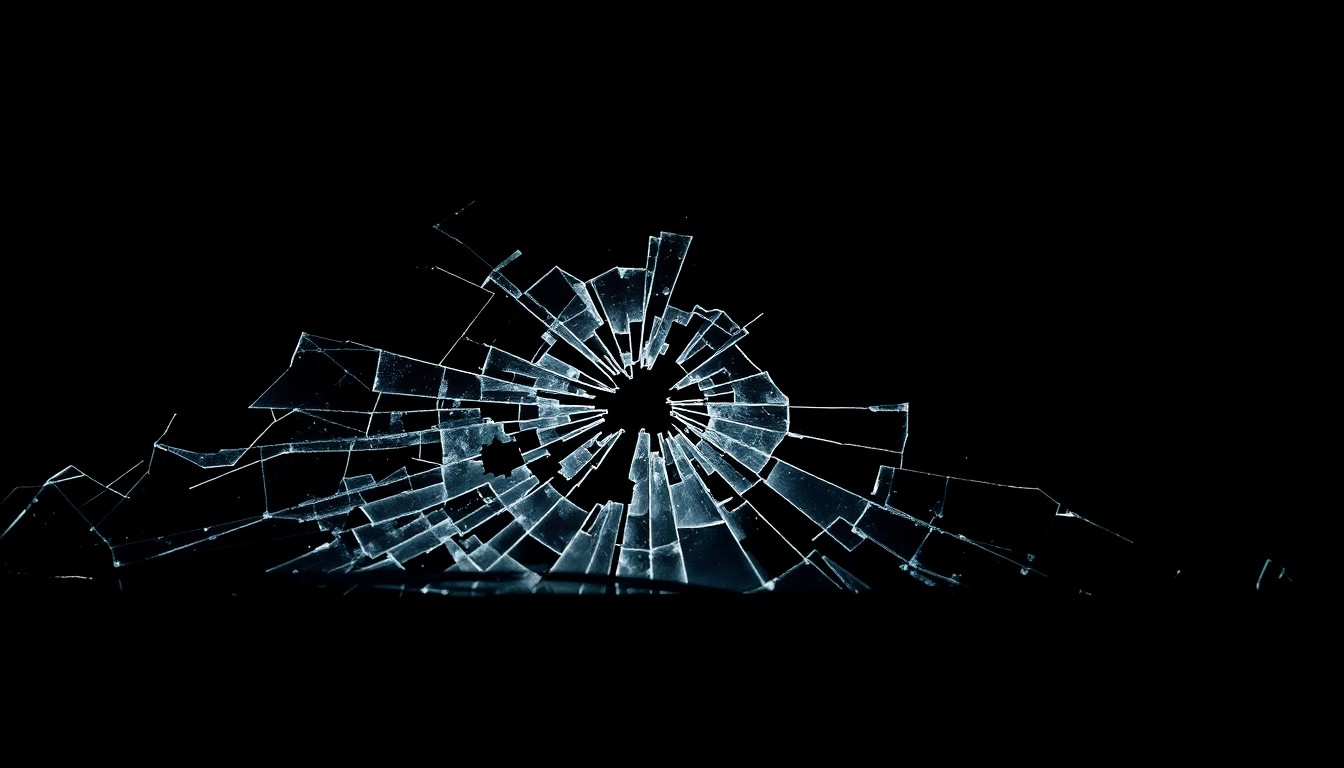 An extreme close-up photograph of a shattered car windshield, the cracks and fractures in the glass conceptually representing the tragic consequences of a pedestrian being struck by a vehicle on the highway.