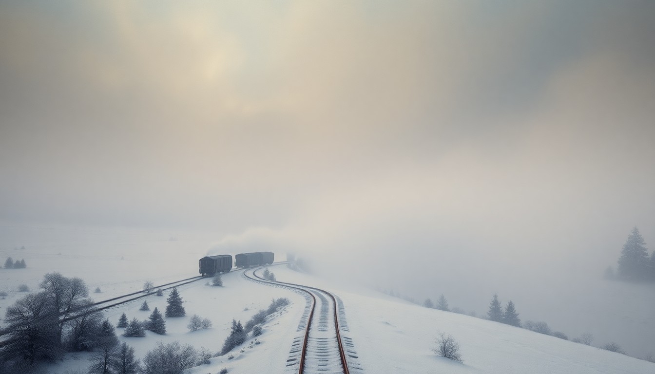 A vast, atmospheric landscape painting depicting a snowy, fog-shrouded wilderness with a partially obscured train track winding through the scene, conveying the overwhelming scale of the natural environment and the vulnerability of human infrastructure.