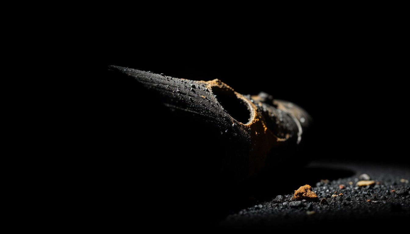 An extreme close-up photograph of a charred, twisted metal object from the fire scene, conveying the gritty aftermath of the incident through dramatic lighting and stark composition.