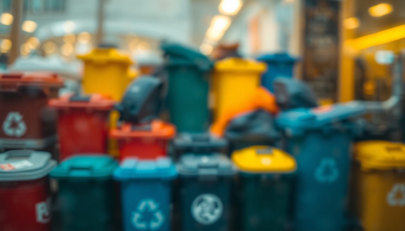 An impressionistic, out-of-focus scene of blurred trash cans and recycling bins in a warm, hazy color palette, conceptually representing the city's temporary change in trash pickup for a holiday weekend.