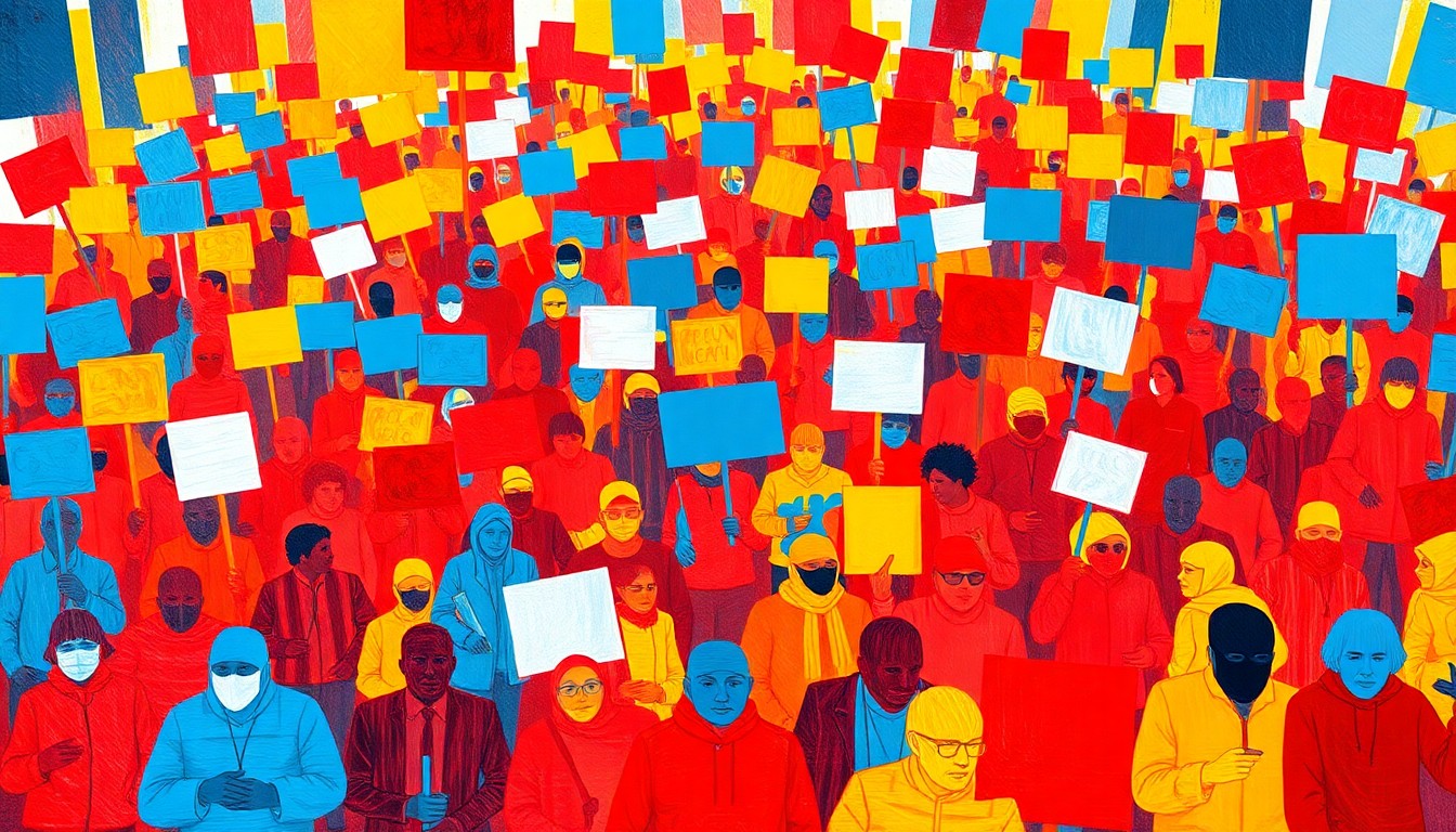 An abstract, avant-garde painting depicting a large crowd of protesters marching, the figures repeated in overlapping, geometric waves of bright colors including red, blue, and yellow, conveying the dynamic energy and momentum of the event.