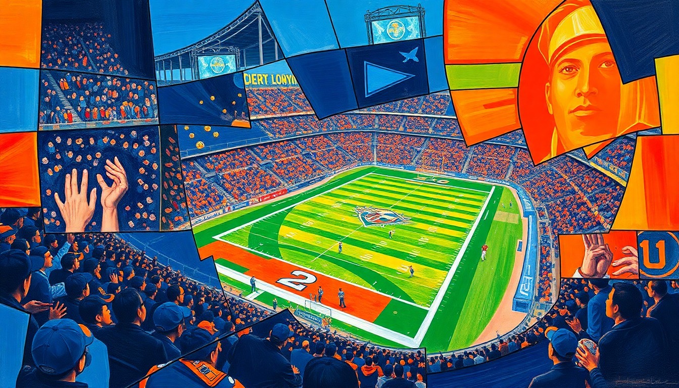 A fractured, cubist-style painting depicting a football stadium and game action broken down into sharp, overlapping geometric shapes and planes in the team's official colors of navy blue and orange, conceptually representing the complex debates over public subsidies for professional sports venues.