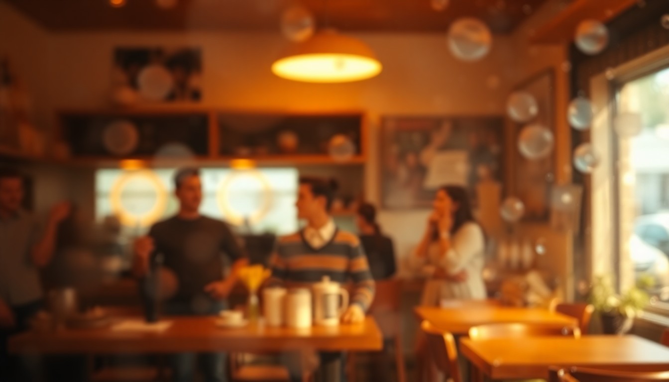 An abstract, out-of-focus scene of a cozy cafe interior, with blurred silhouettes of baristas and customers visible through a hazy, rain-streaked lens, conceptually representing the behind-the-scenes insights shared in Lift Coffee Bar's 'Barista Confessions' videos.