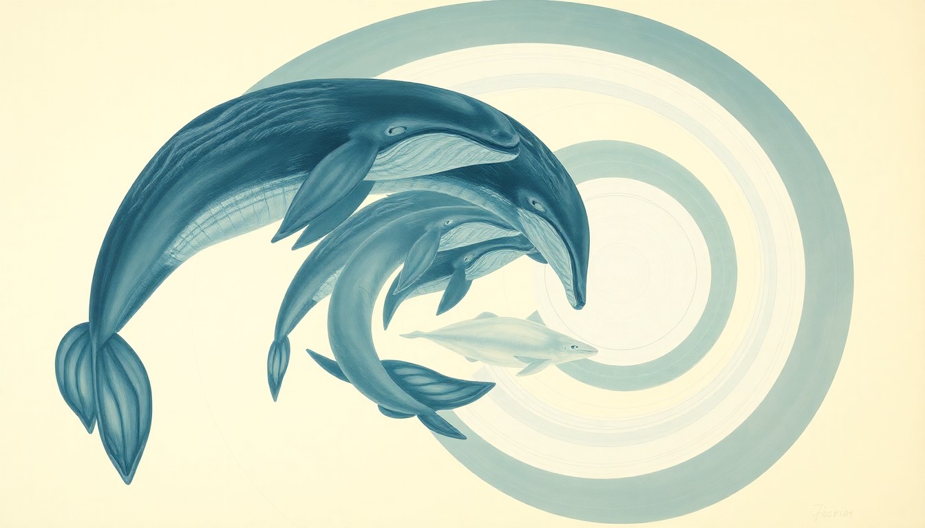 An abstract, textured painting in muted shades of blue, grey, and green, depicting the fluid, interconnected movements of a pod of sperm whales as they work together to assist a mother whale during the birth of her calf, conveying the structural order and graceful collaboration of this rarely observed natural phenomenon.