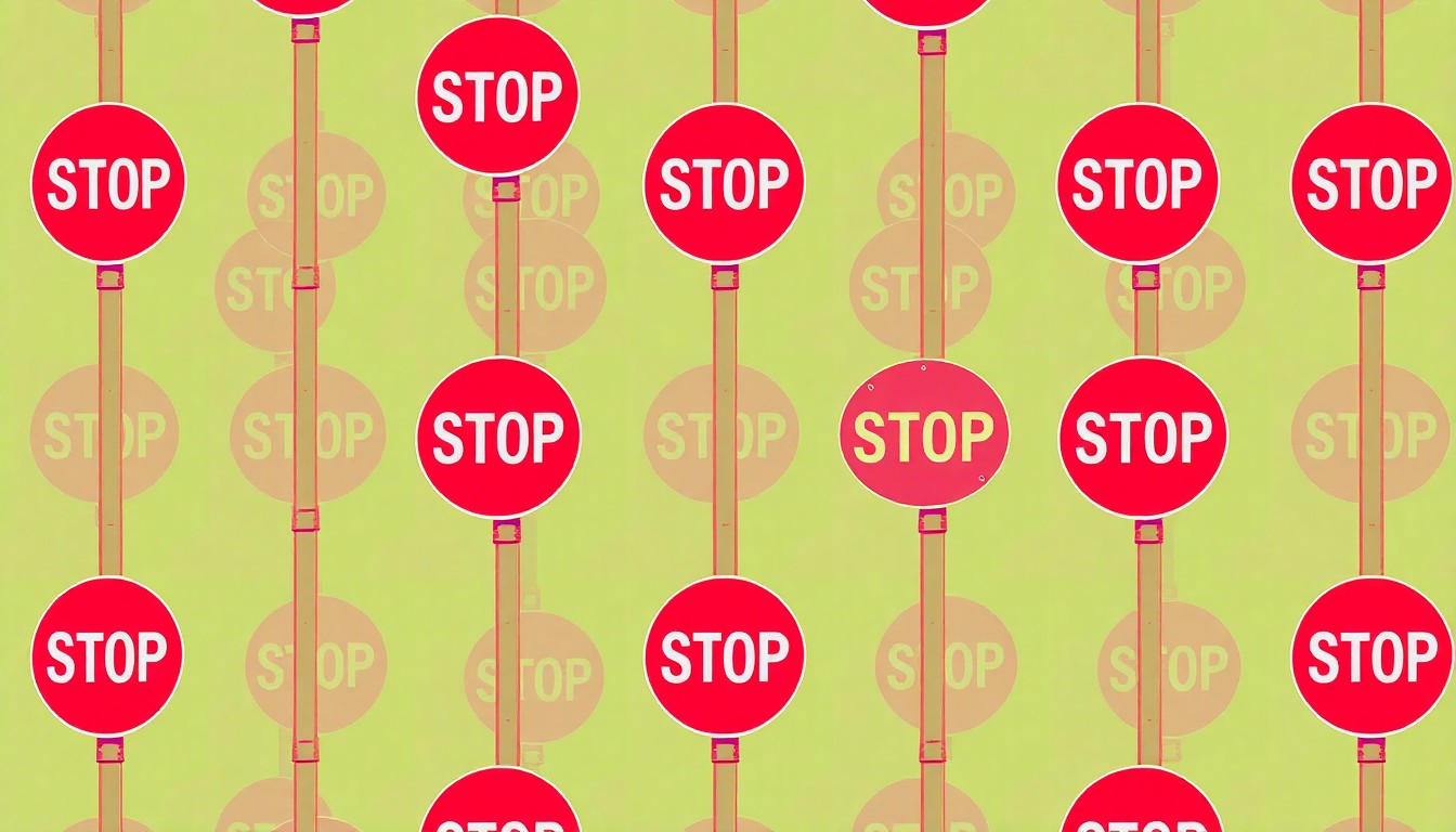 A bold, graphic illustration composed of a repeating pattern of a single Hoboken street sign or traffic signal, rendered in a high-contrast, neon color palette reminiscent of Andy Warhol's pop art style, capturing the energy and modernization of the city's infrastructure project.