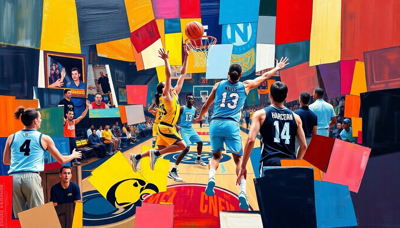 A fragmented, cubist-style painting depicting the energy and movement of a college basketball game, with the bright colors of the Iowa and North Carolina uniforms breaking down into sharp geometric shapes and planes.