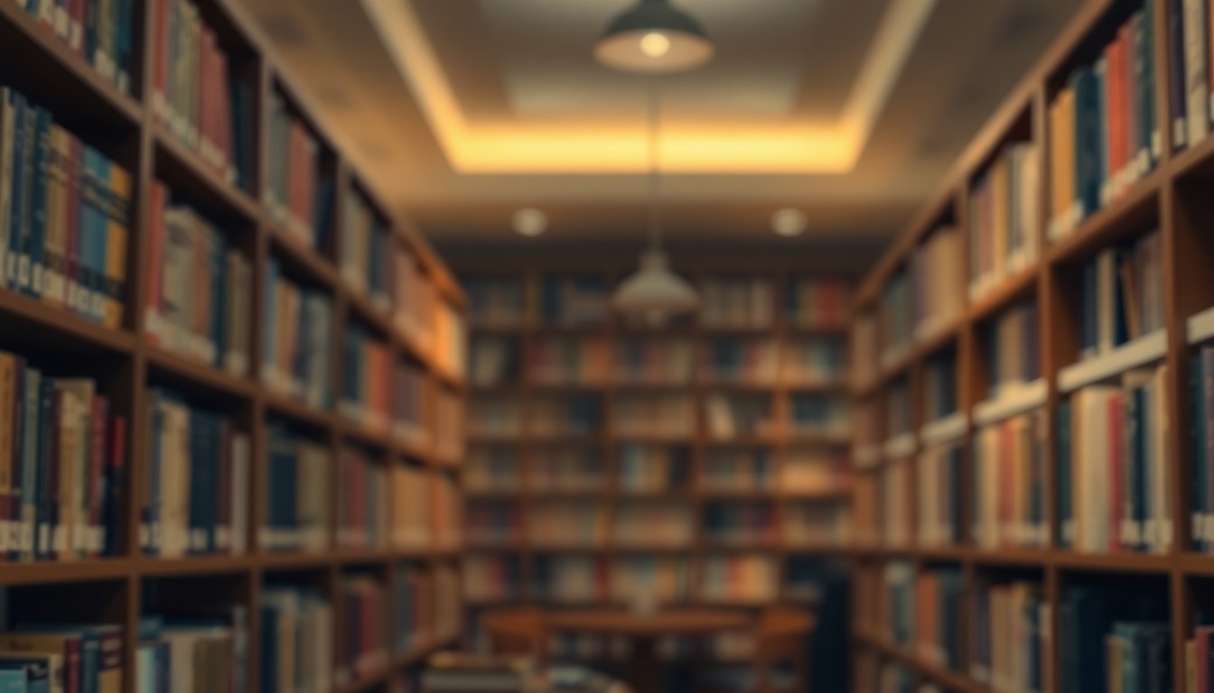 An abstract, impressionistic scene of bookshelves in a library, with soft, warm light and color creating a cozy, inviting atmosphere.