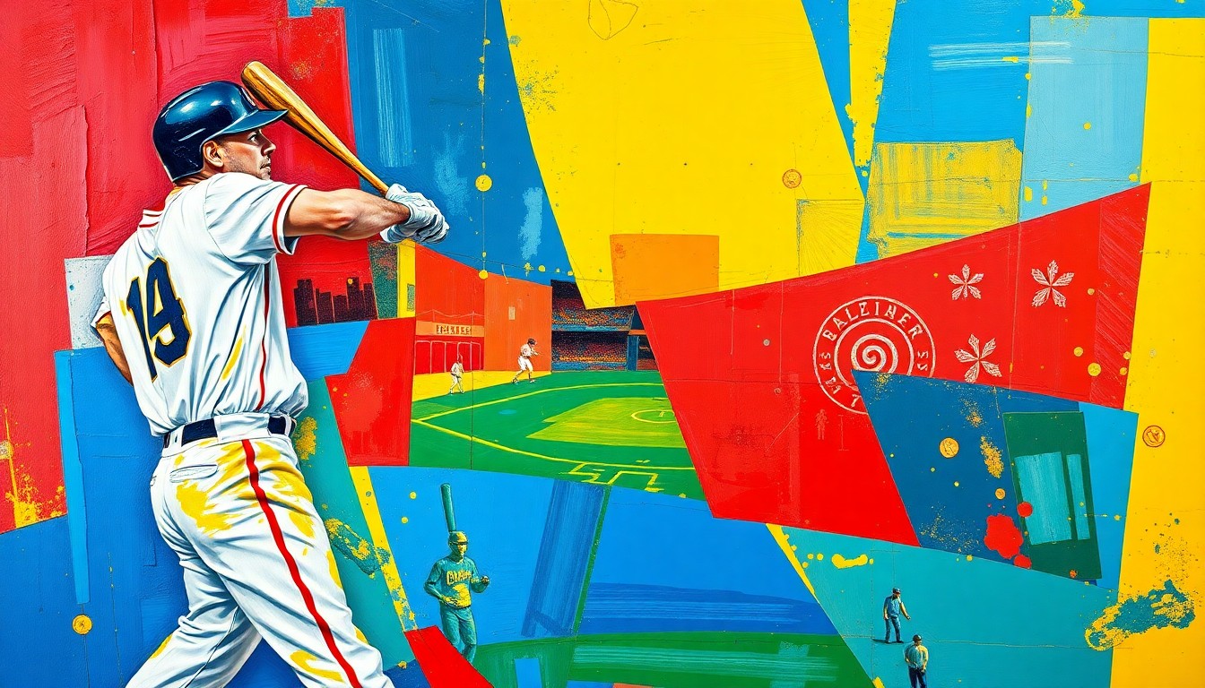 A fragmented, geometric painting in bold colors depicting the motion and power of a baseball player swinging the bat, with the ball blasting off into the distance.