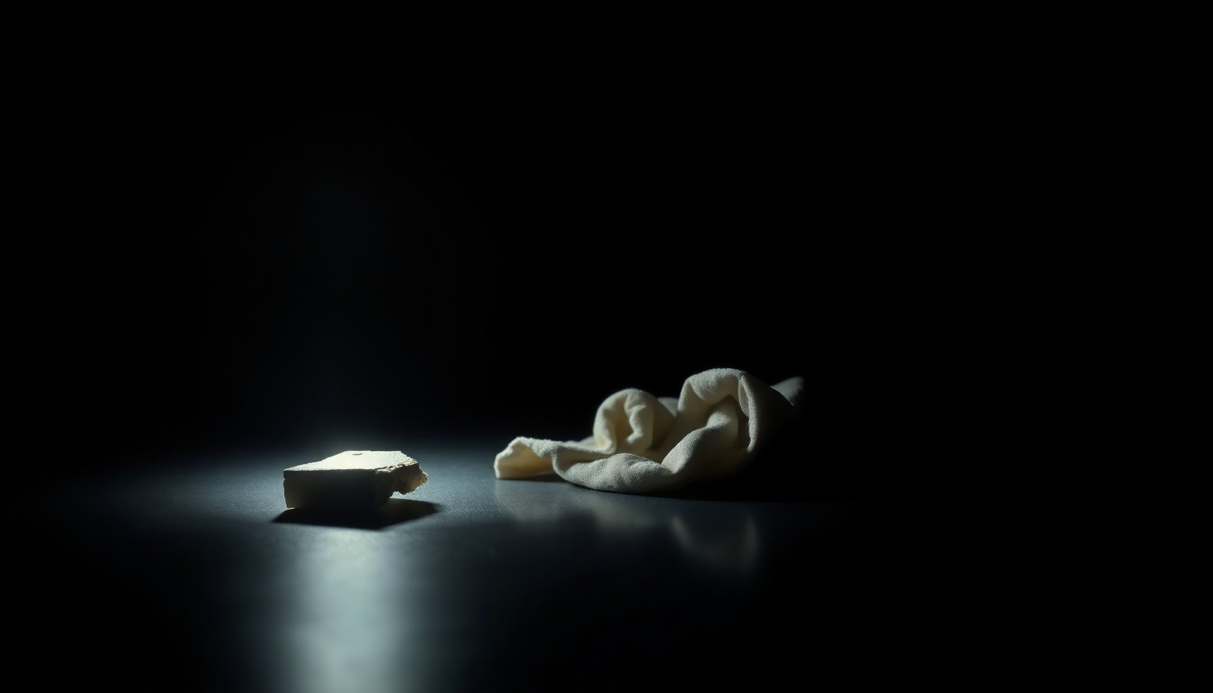 An extreme close-up photograph of a crumpled piece of fabric, such as a shirt or scarf, lit by a harsh, direct camera flash against a pitch-black background, conveying a stark, gritty, and investigative aesthetic without depicting any violence or victims.