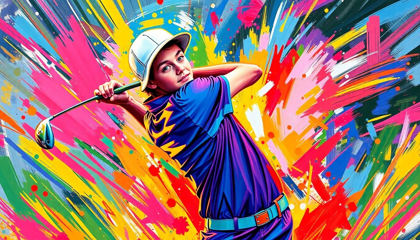 An abstract, energetic painting using bold, neon-like brushstrokes to depict the dynamic motion of a high school golf swing, conveying the excitement and anticipation around the Longplex Preseason MVP voting.