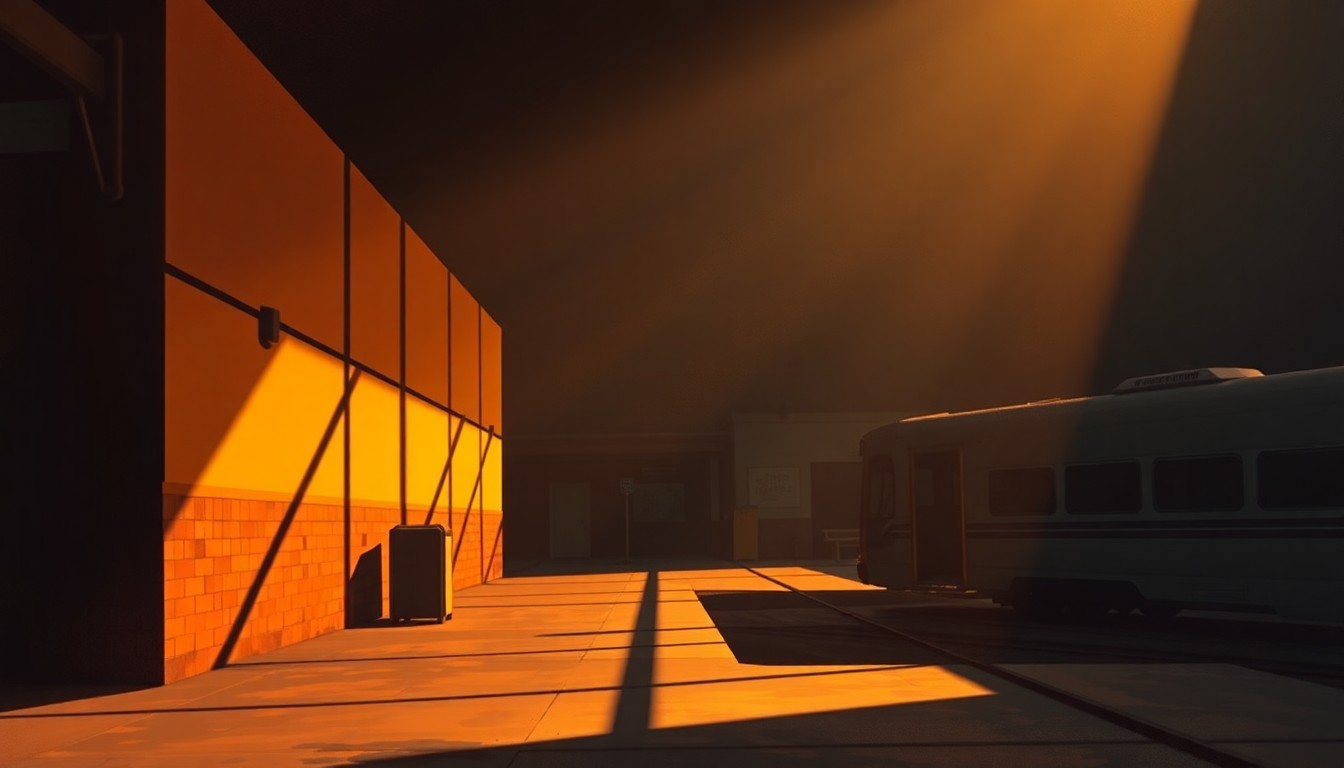 A photorealistic painting of an empty bus station platform with benches and a ticket booth, rendered in warm tones and deep shadows that evoke a sense of solitude and nostalgia.