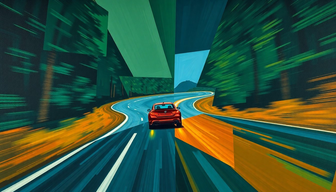 A fragmented, cubist-style painting depicting a speeding car on a winding road, broken down into sharp, overlapping geometric shapes in deep green, blue, and orange tones, conveying a sense of danger and lack of control.