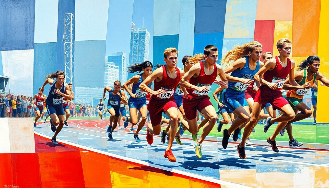 A cubist-style painting depicting a high school track and field competition, with athletes' bodies and movements fragmented into sharp, overlapping geometric shapes in a vibrant color palette.