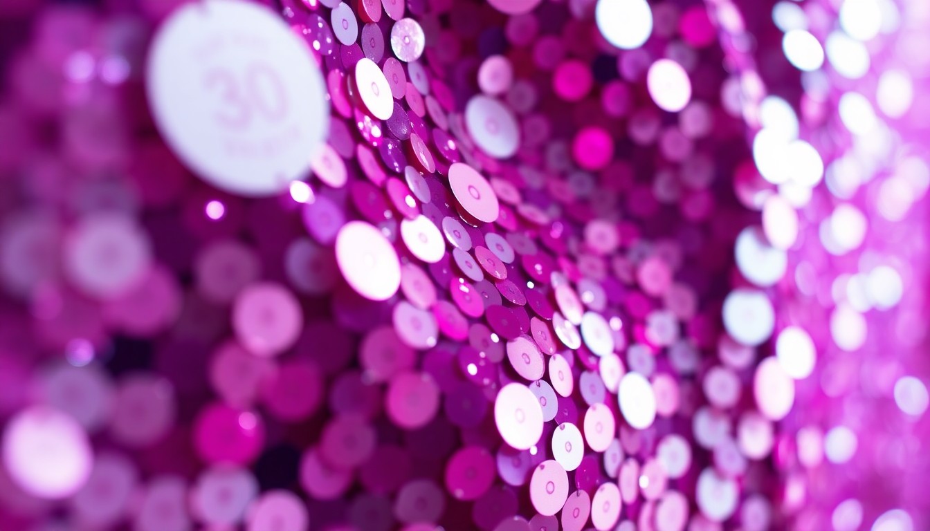An abstract close-up photograph of shimmering, high-contrast sequins in vibrant shades of pink and purple, capturing the luxurious, high-fashion aesthetic of a Las Vegas residency performance.