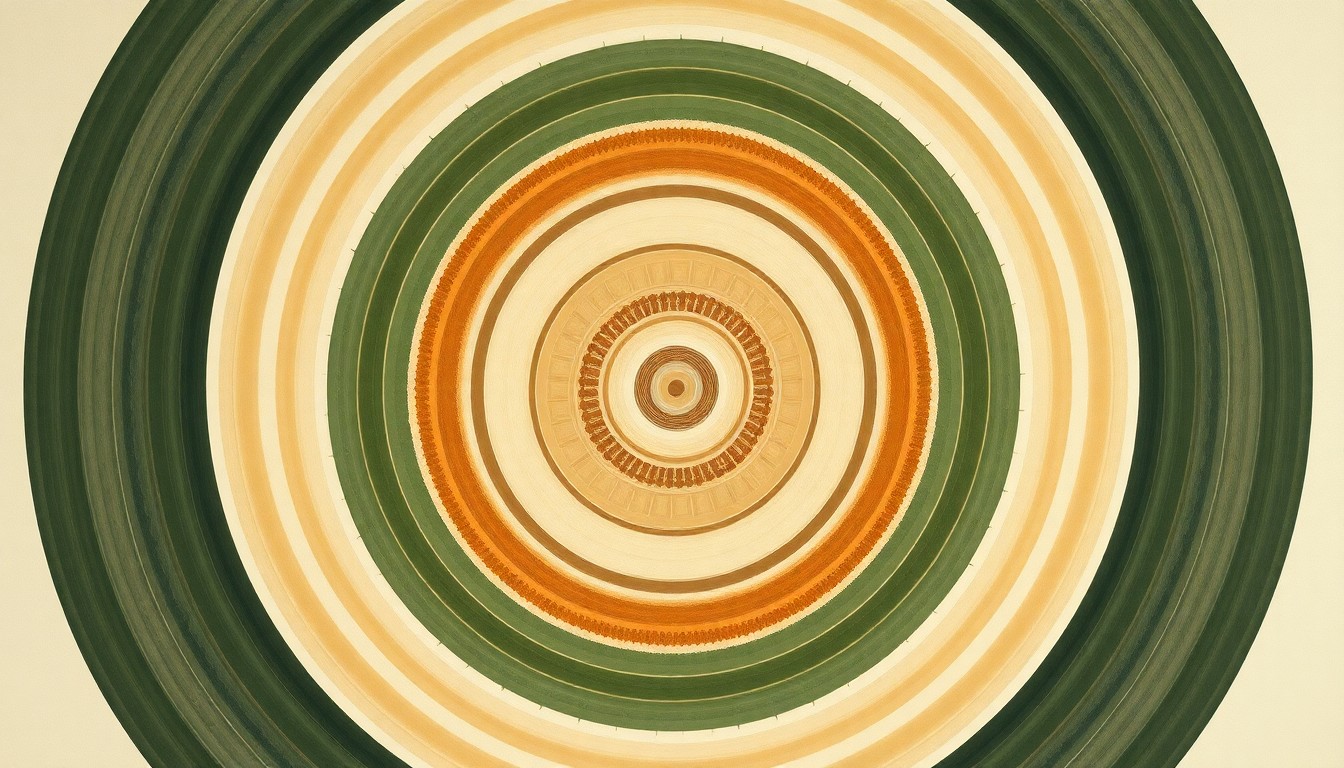 A highly structured abstract painting in earthy tones, featuring sweeping geometric arcs, concentric circular forms, and precise botanical spirals, conceptually illustrating the complex growth patterns and resilience of the marestail weed.